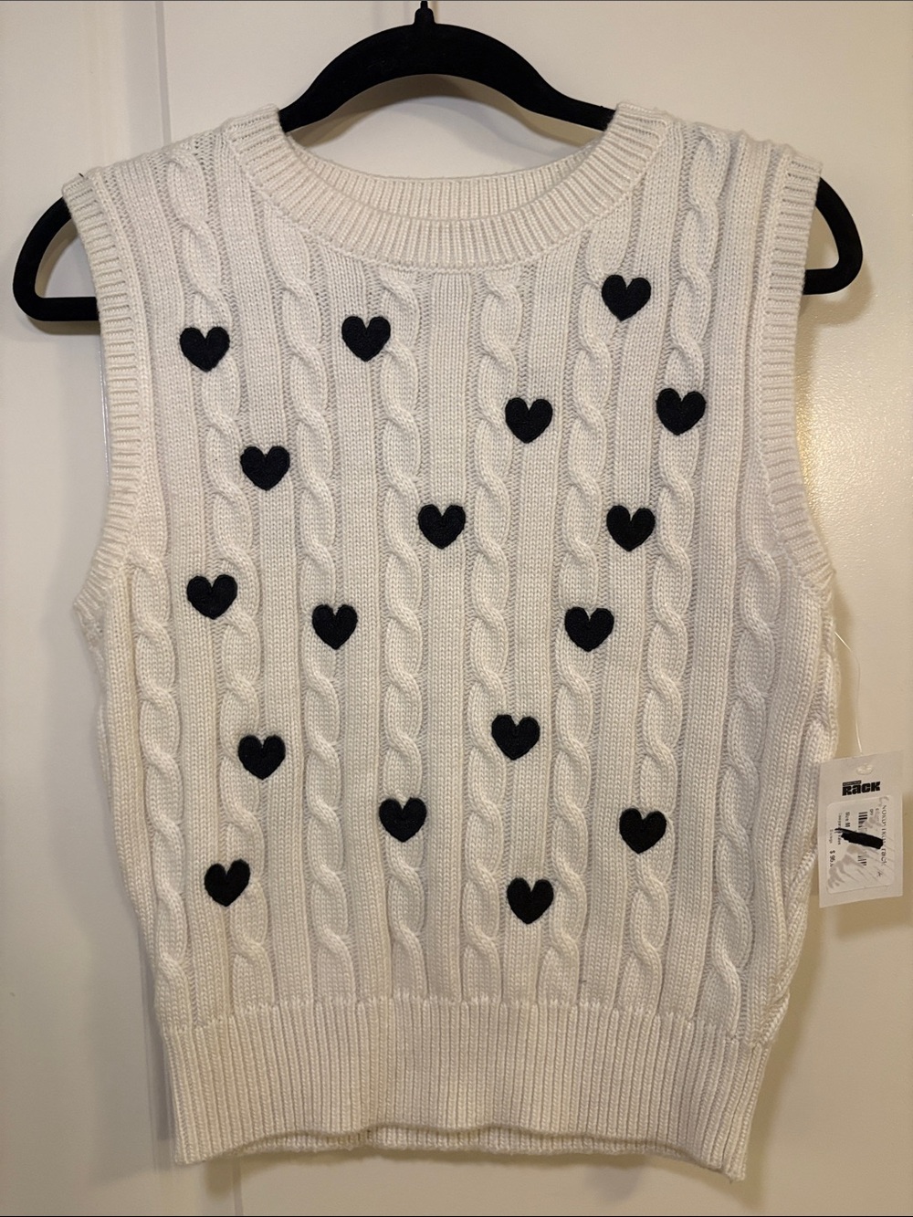English Factory White Cable-Knit Sleeveless Sweater Vest with Black Hearts